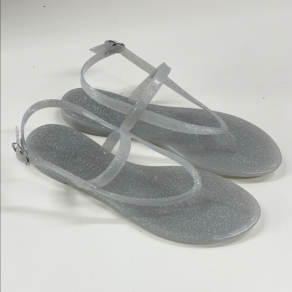 New Stuart Weitzman Sawyer Silver Glitter Jelly Slides Summer Sandals Size 10